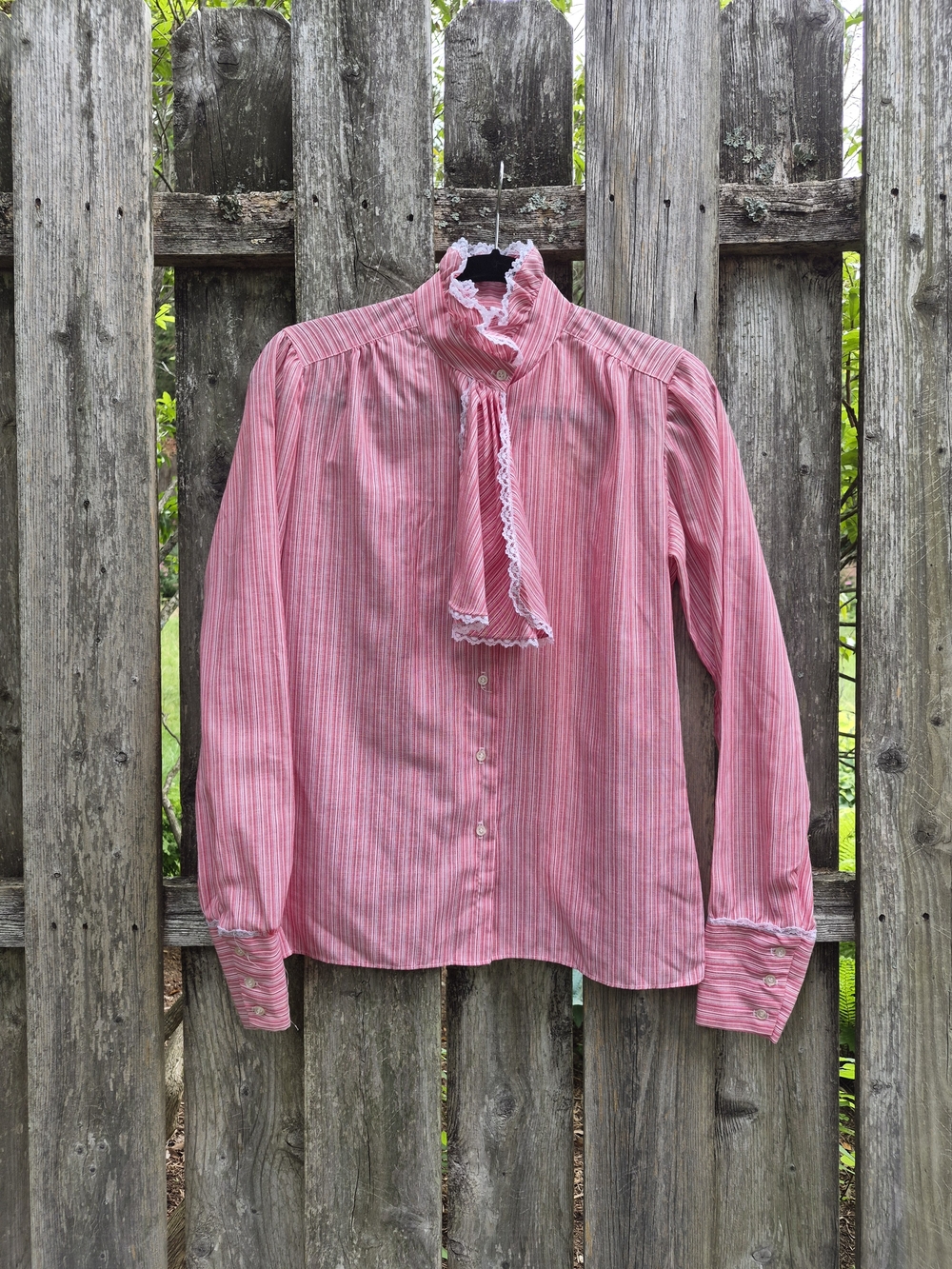 Vintage Red Striped Ruffle Neck Blouse